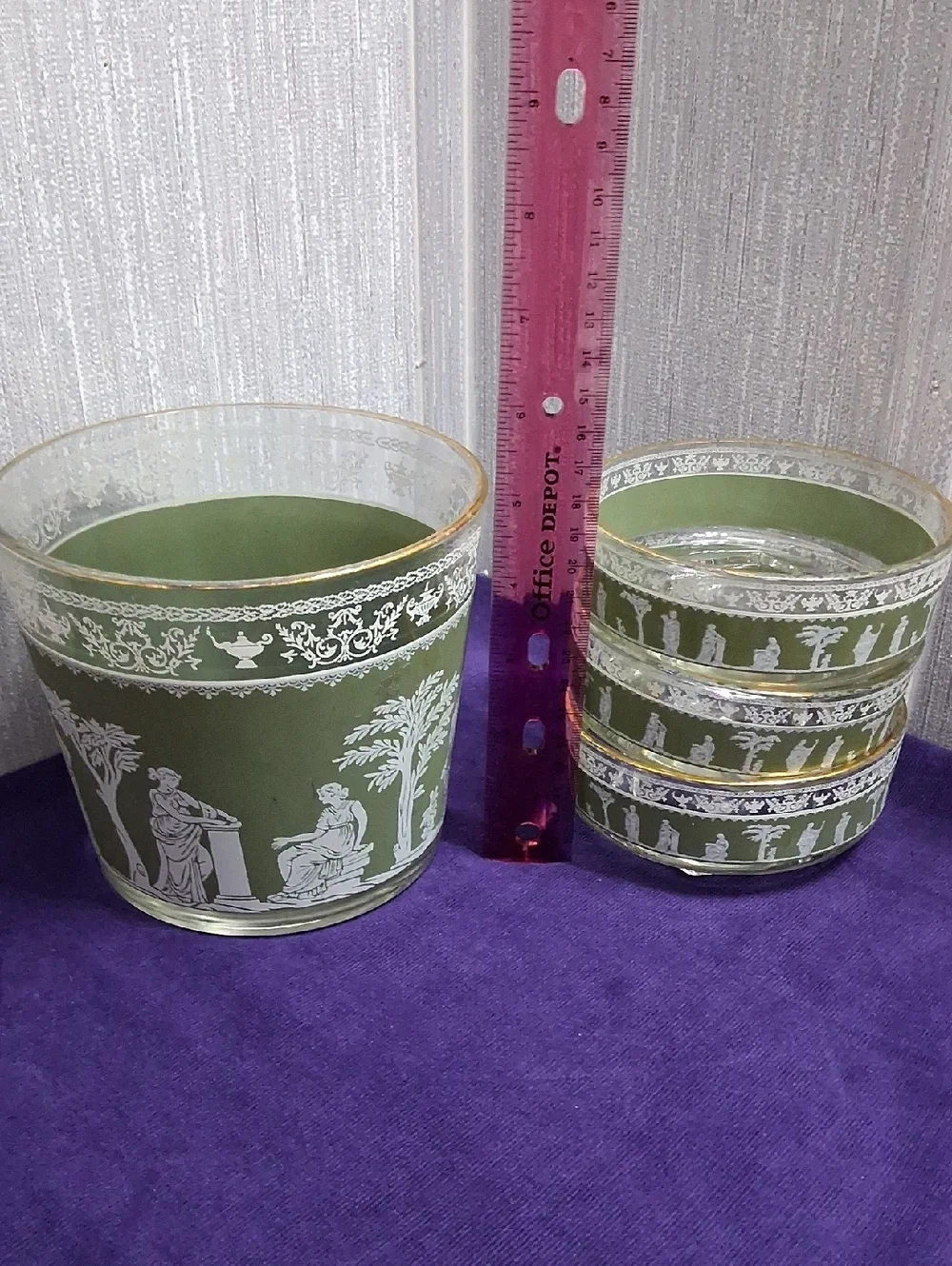 Vintage Jeanette Glass Bowl Set Hellenic Green Jasperware Style Ice Dessert